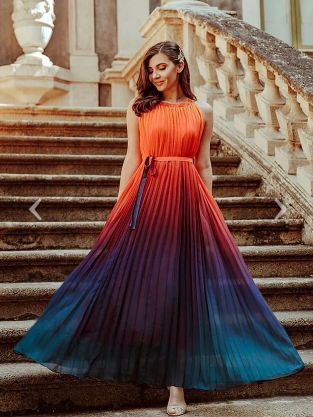 NWT Chicwish Orange to Blue Ombre Pleated Maxi Dress